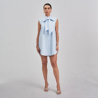 Bow Tie Neck Mini Dress - Sky Blue