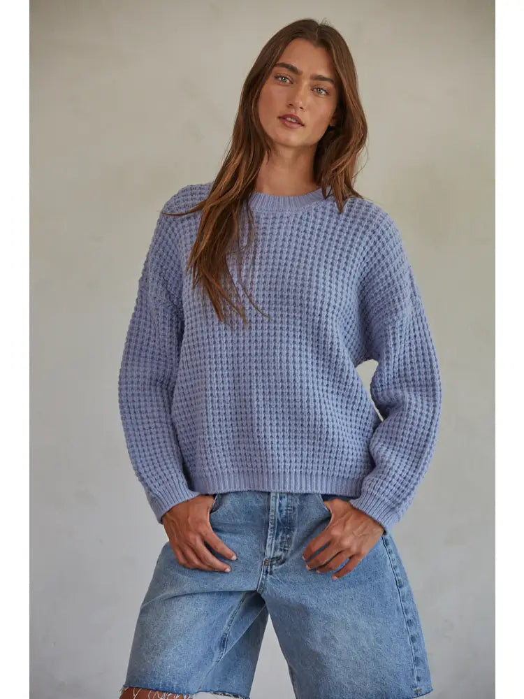 Knit Waffle Crew Neck- Dusty Blue