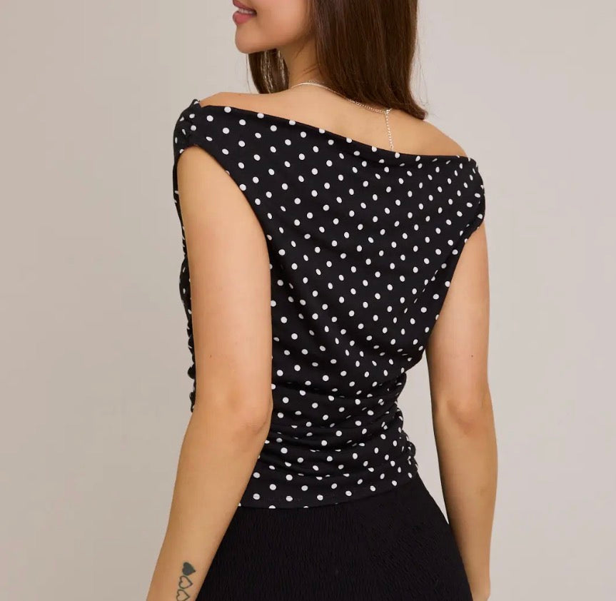 Off Shoulder Top with Side Ruching in Polka Dot