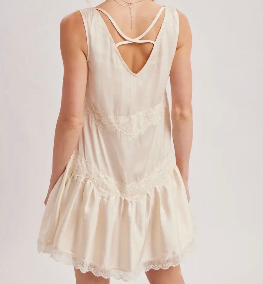 Satin Slip V-Neck Lace Trimmed Babydoll Mini Dress