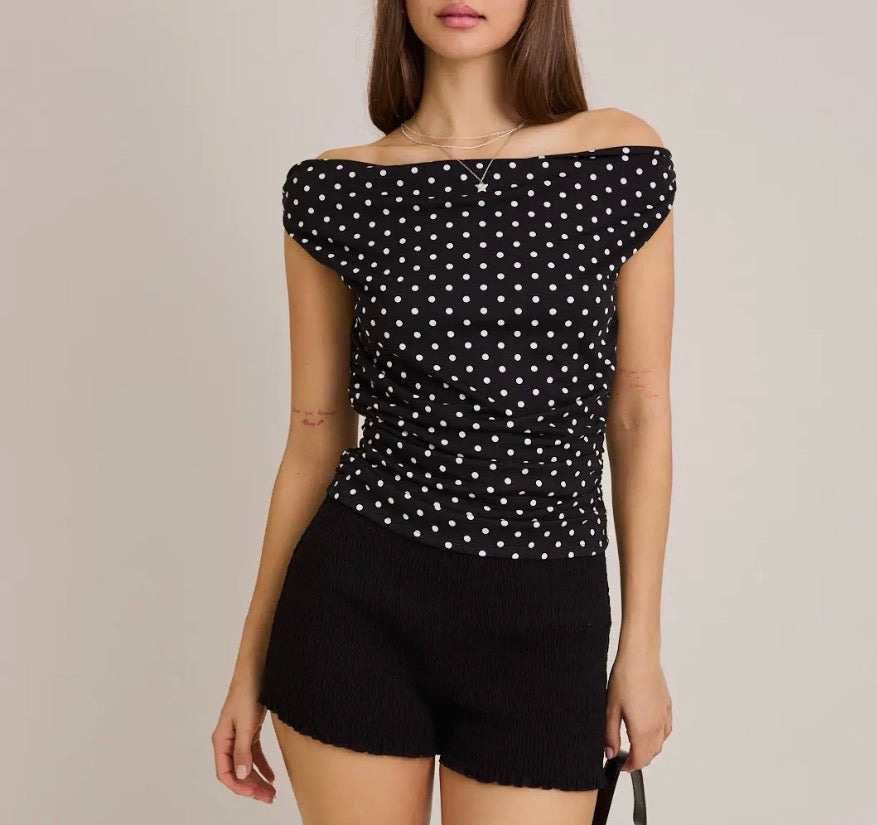 Off Shoulder Top with Side Ruching in Polka Dot