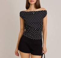 Off Shoulder Top with Side Ruching in Polka Dot