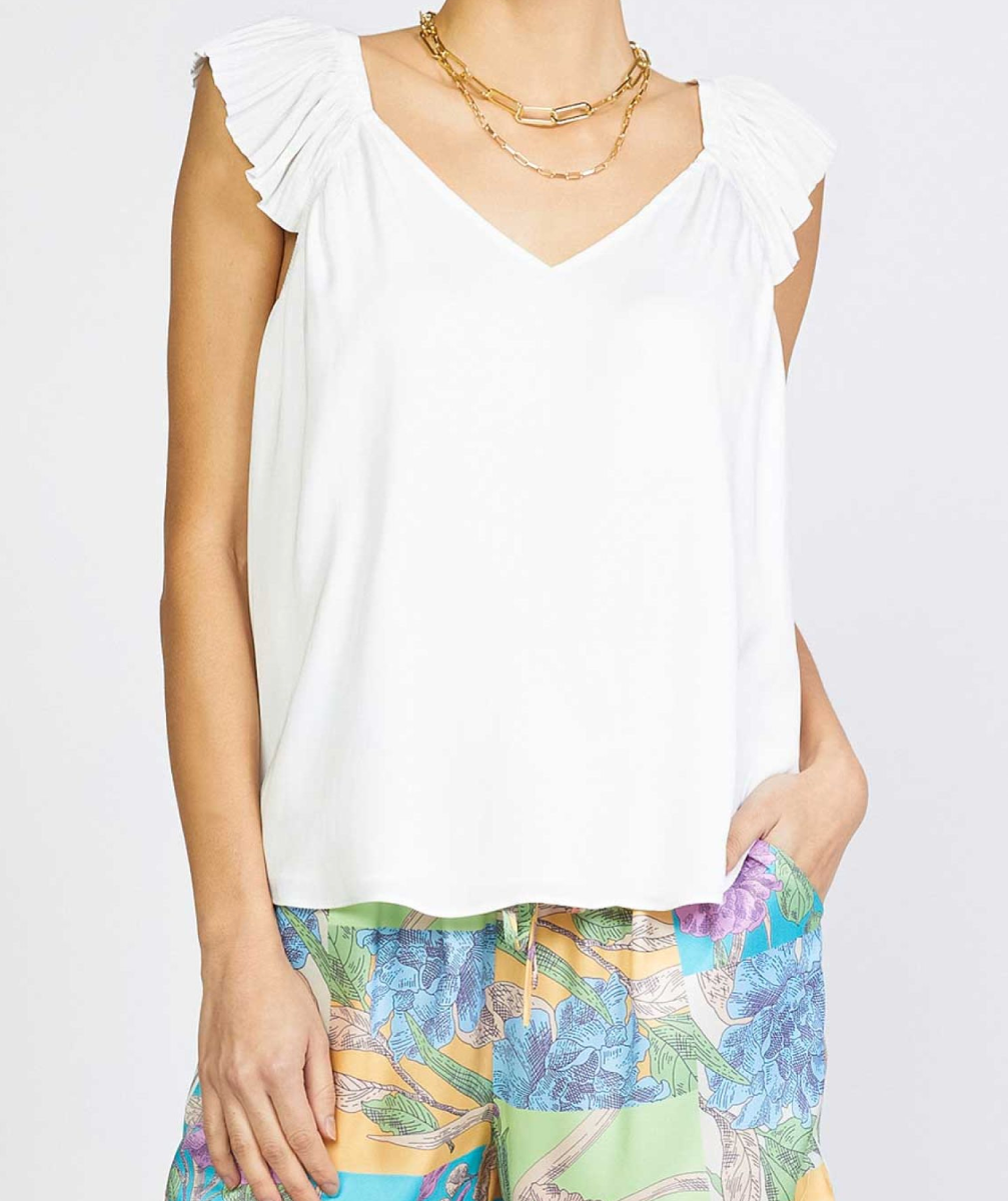 Current Air White Short Sleeve Top Sweetheart Neck Pleated Ruffle Sleeve