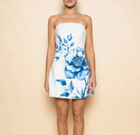 Strapless Mini Dress White Blue Flower