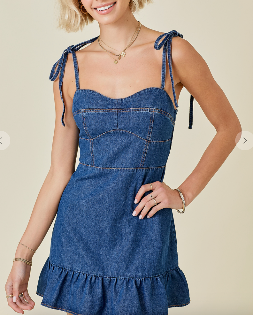 Day + Moon Denim Mini Dress With Shoulder Ties