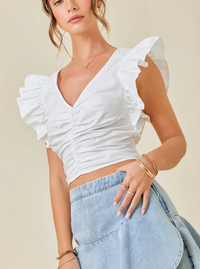 Day + Moon Rouched Ruffle Top With Ruffle sleeves