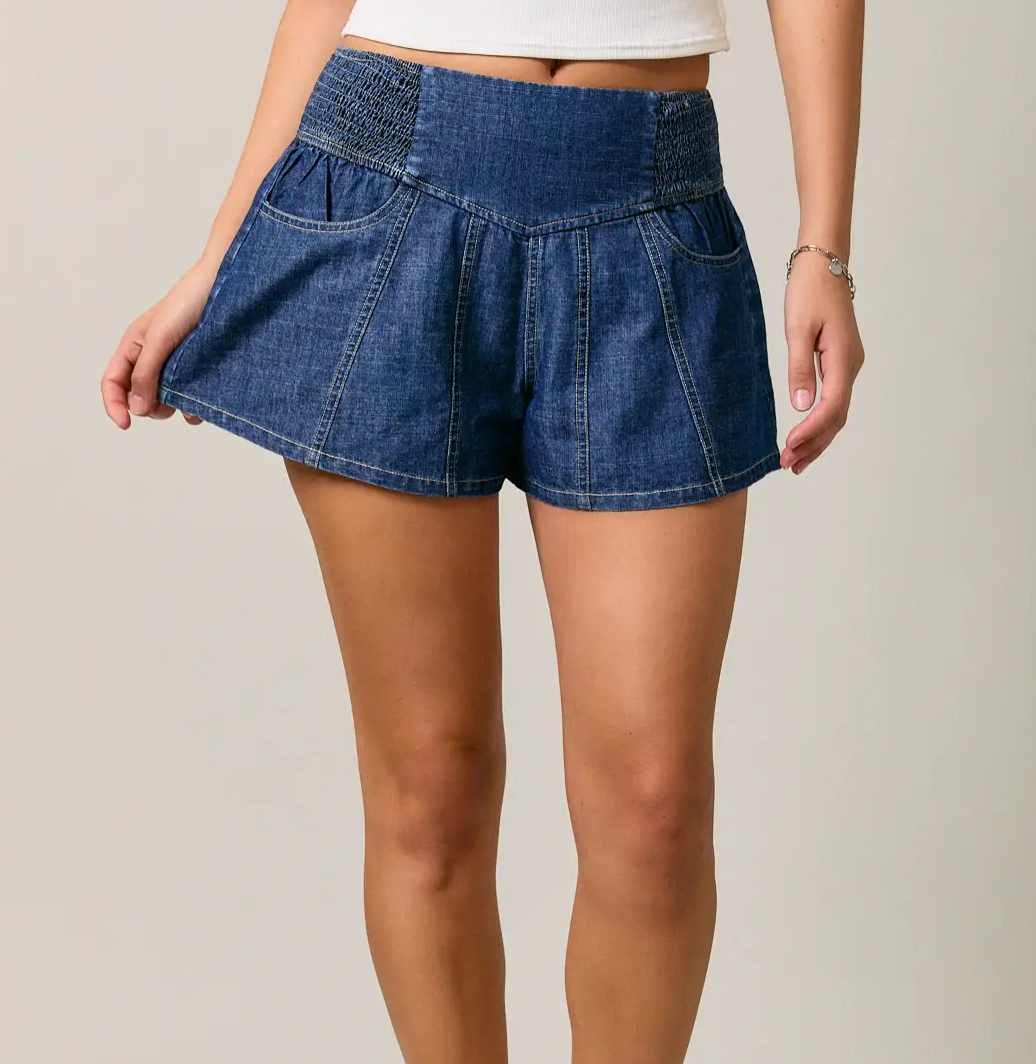 Mid Waist Smocking Detail Flare Shorts
