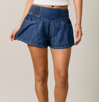 Mid Waist Smocking Detail Flare Shorts