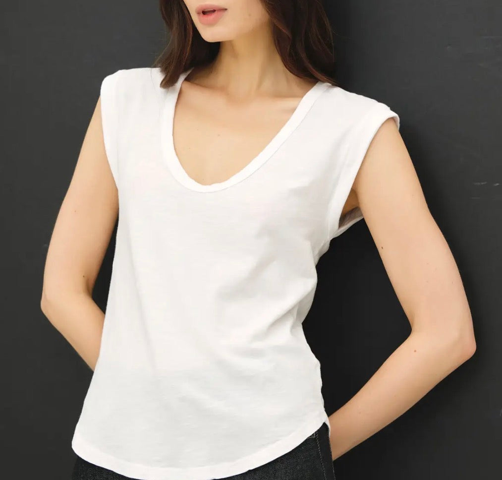 White Cotton Scoop Neck Cap Sleeve Top