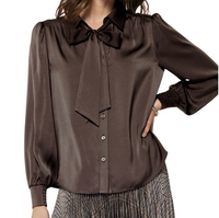Satin Button Down Blouse With Neck Tie- Brown