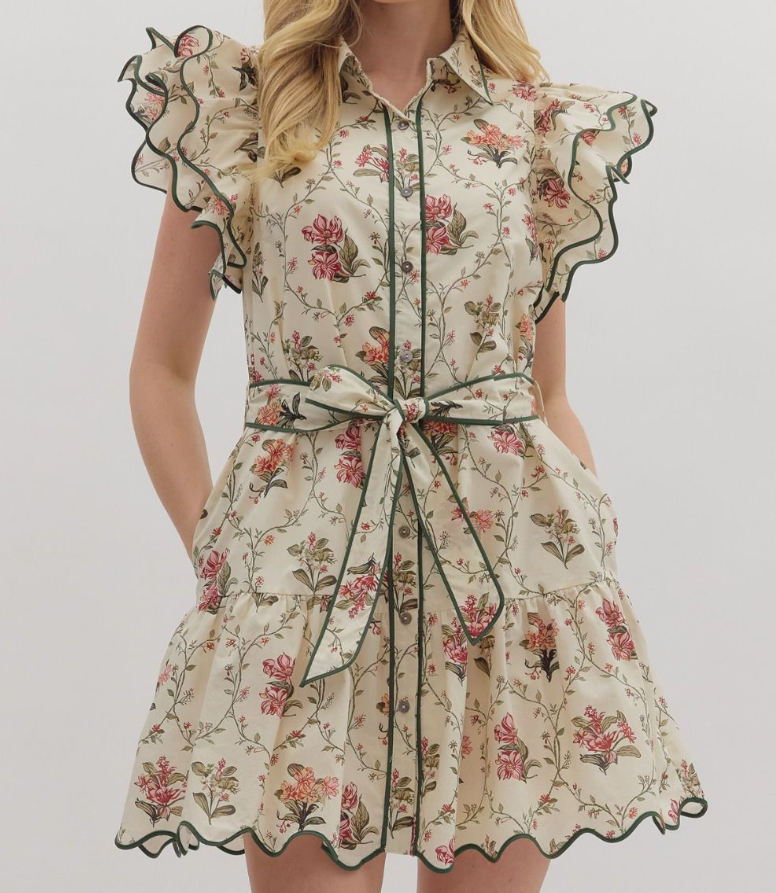 Entro Belted Button Up Floral Mini Dress