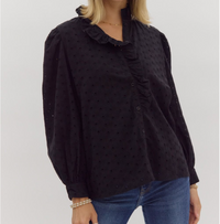 Eyelet ruffle neck long sleeve button down blouse