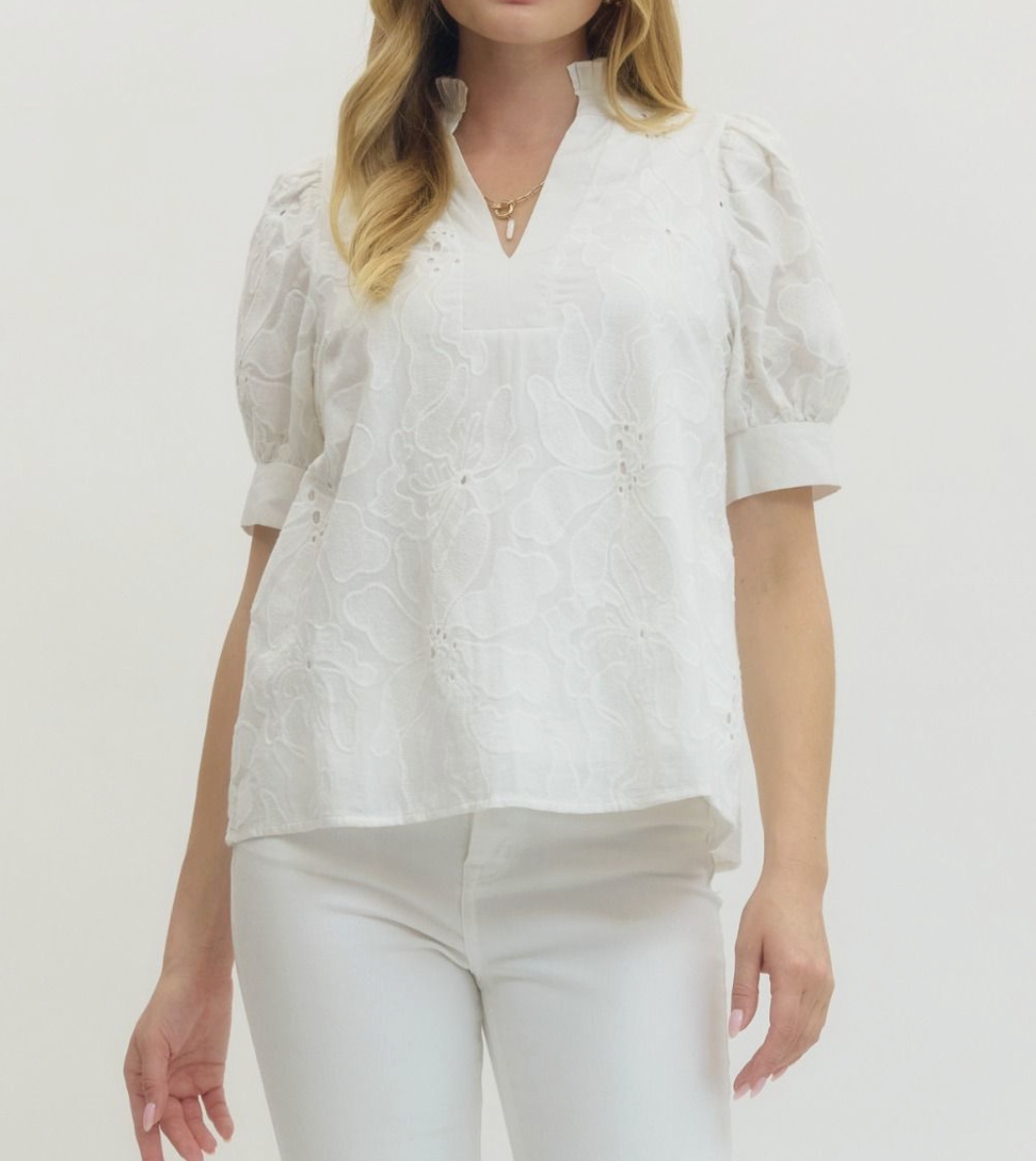 Floral Embroidered Short Puff Sleeve-White
