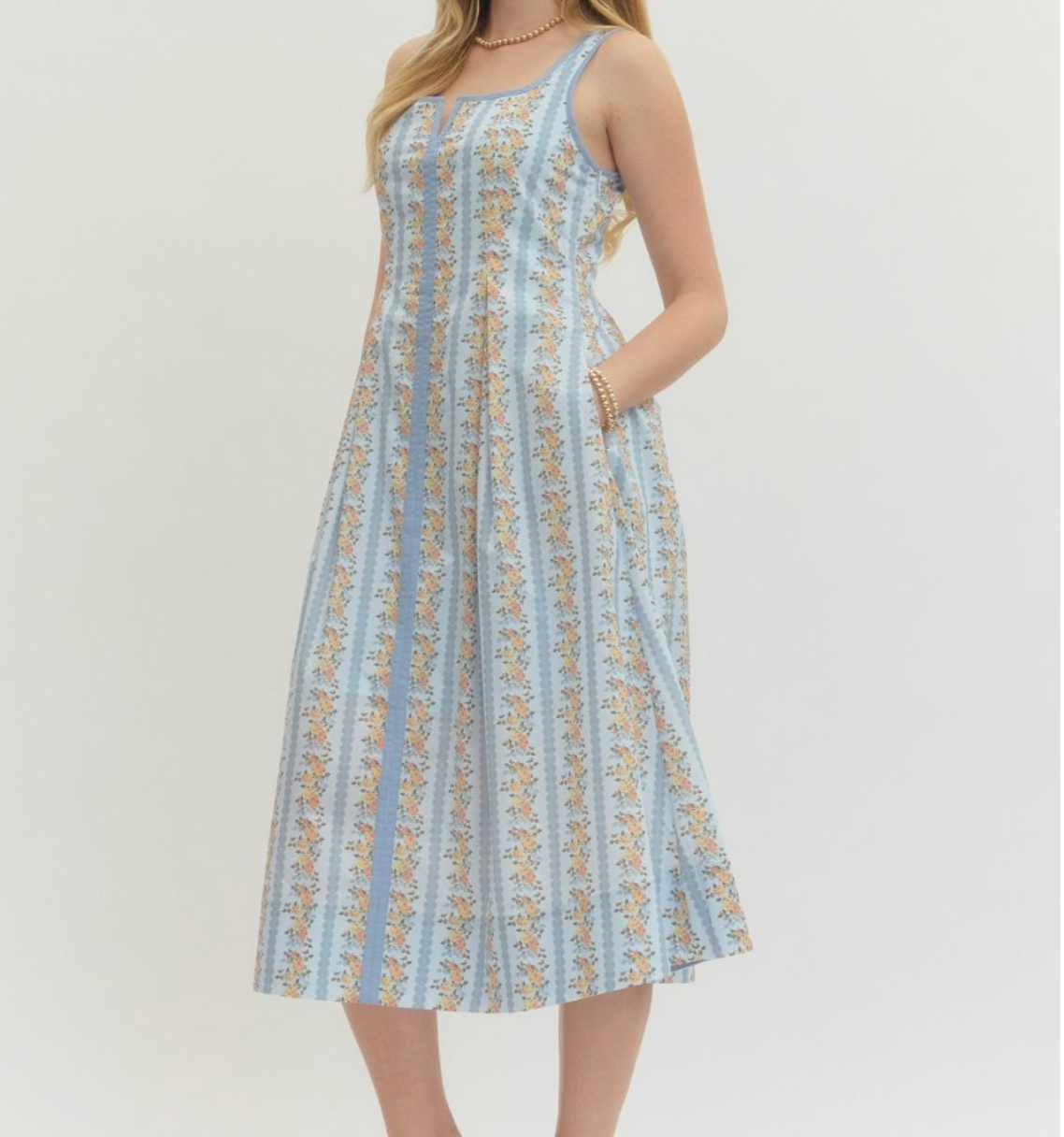 Floral Stripe Print Sleeveless Midi Dress