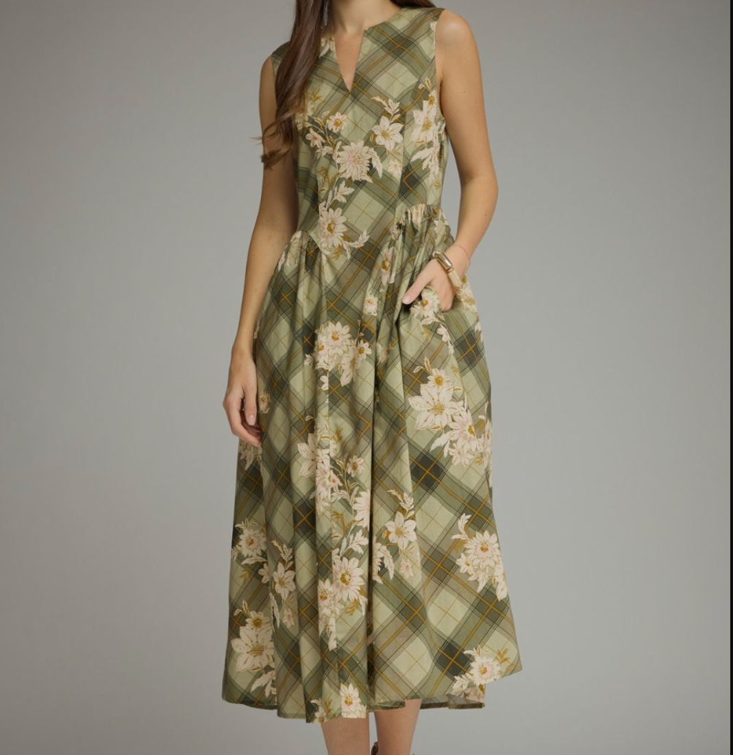 Floral Plaid Sleeveless Midi Dress