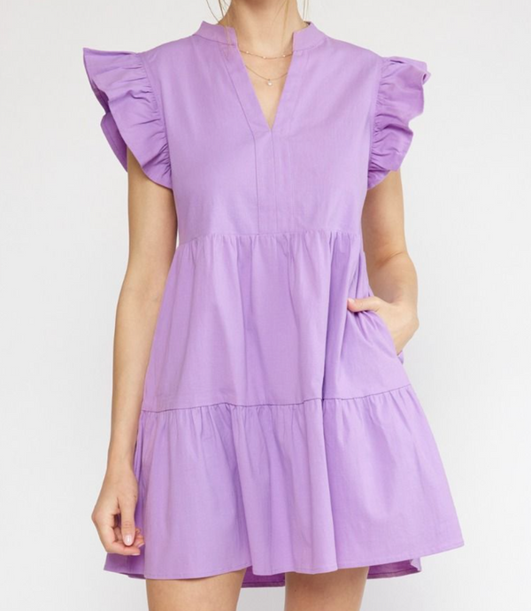 Entro Lavender Ruffle Sleeve V-neck Tiered Mini Dress
