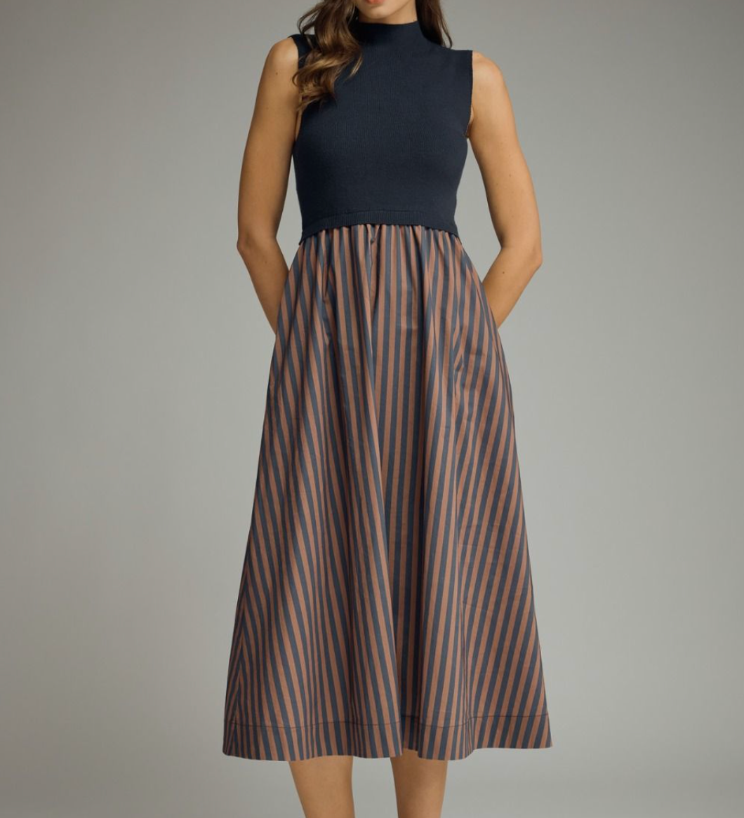 Solid Mock Neck Sleeveless Midi Dress-Navy