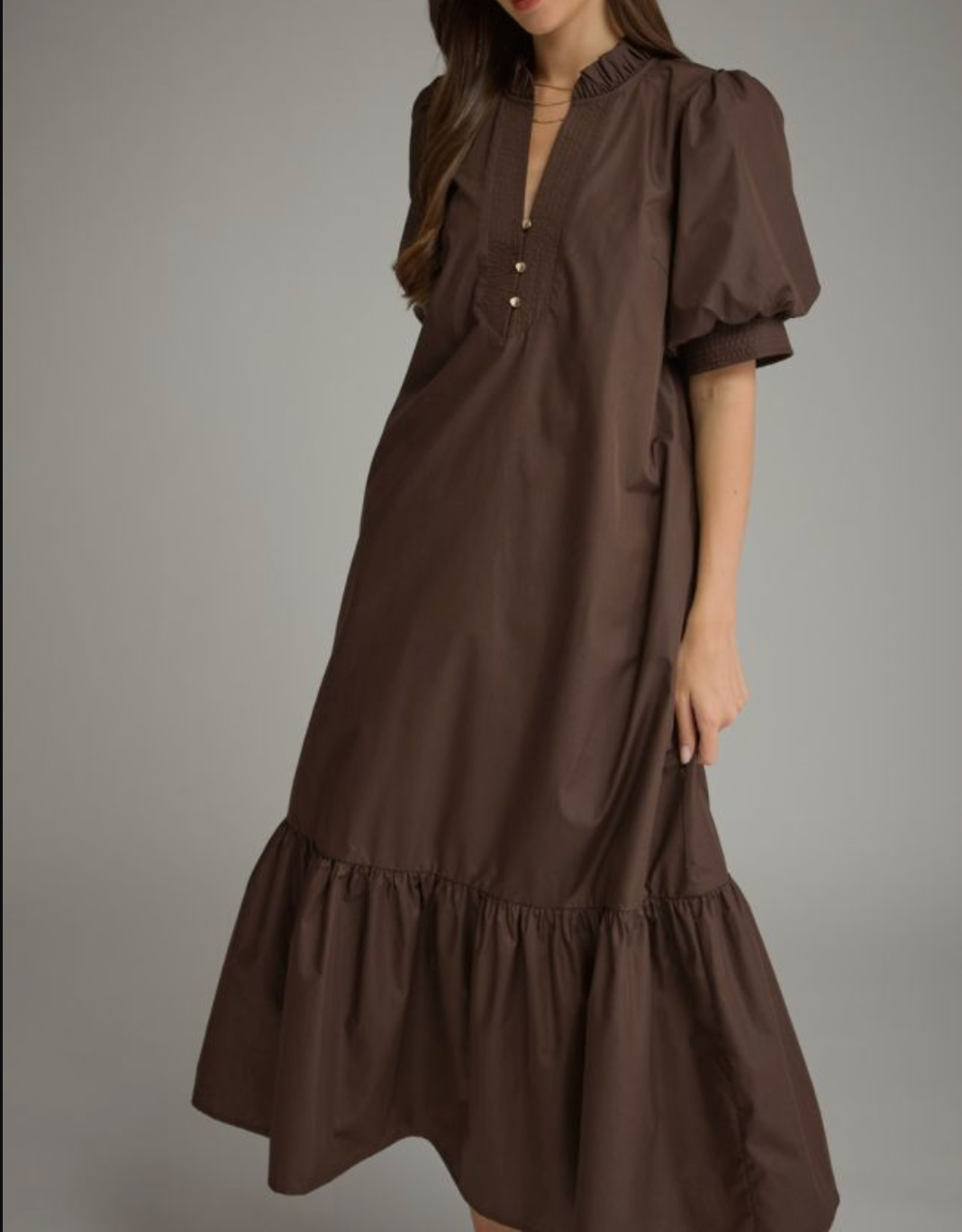 Solid Short Puff Sleeve Midi Dress