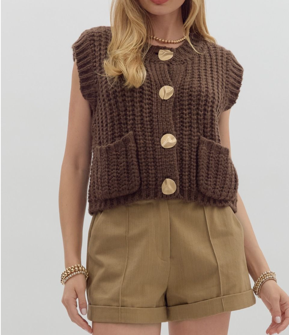 Solid Sweater Knit Sleeveless Vest Top Featuring Gold Button-Brown