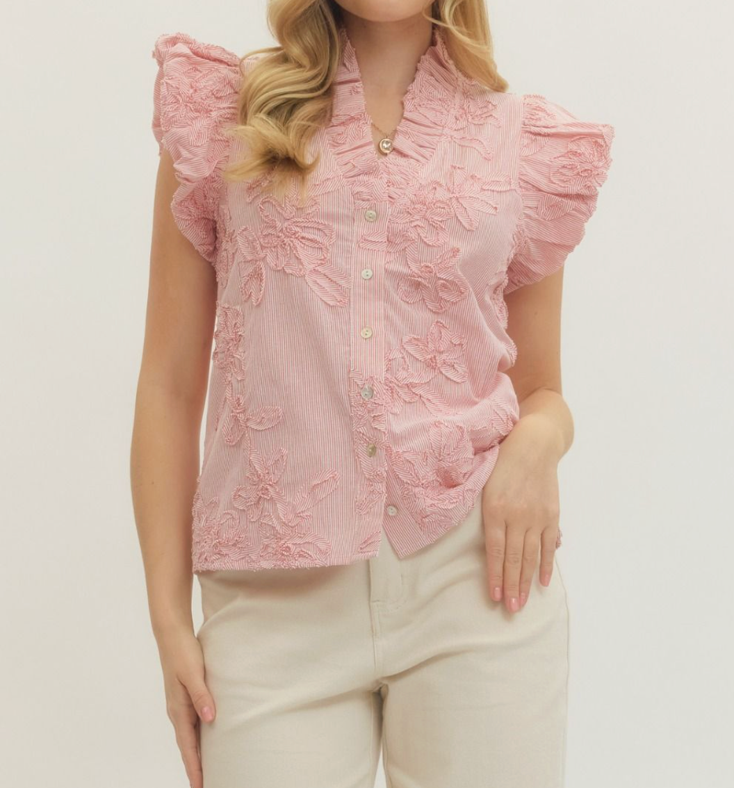 Striped Floral Applique Flutter Sleeve Top