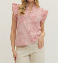 Striped Floral Applique Flutter Sleeve Top