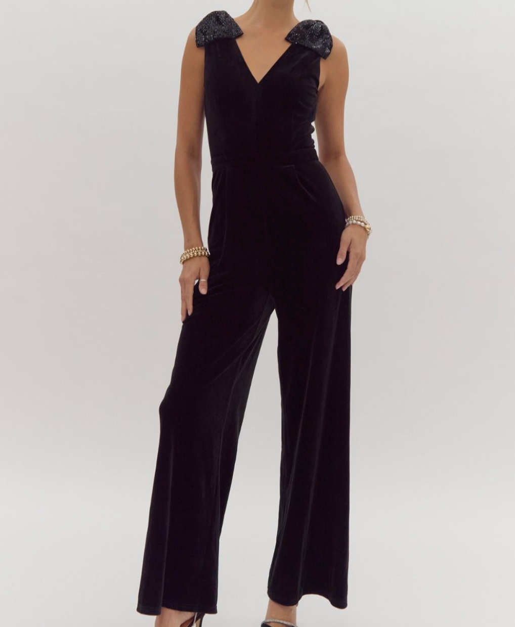 Solid V-Neck Sleeveless Velvet Wide Leg Jumpsuit