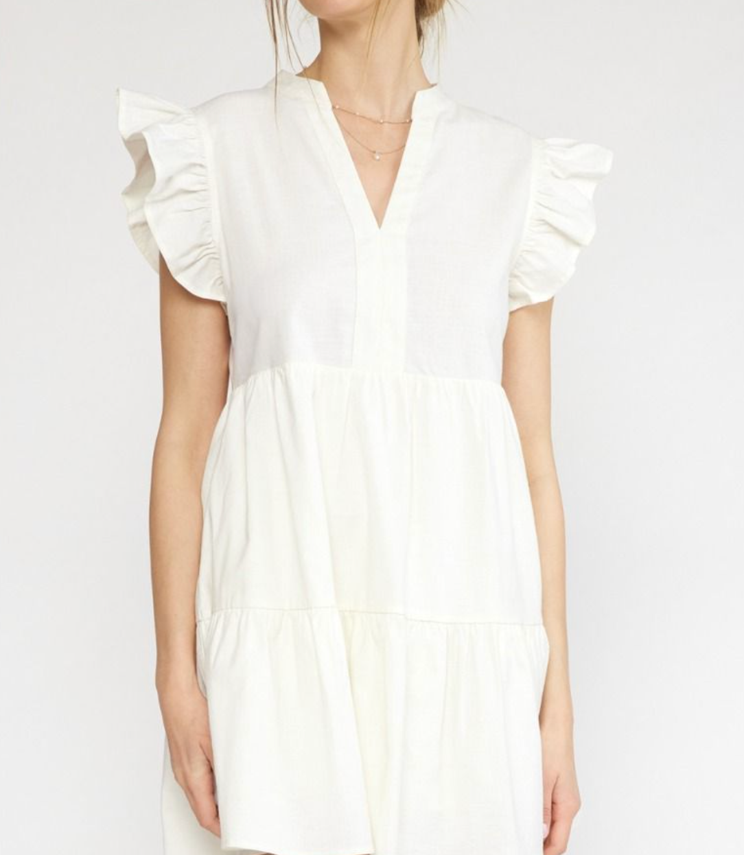 Entro White Ruffle Sleeve V-neck Tiered Mini Dress