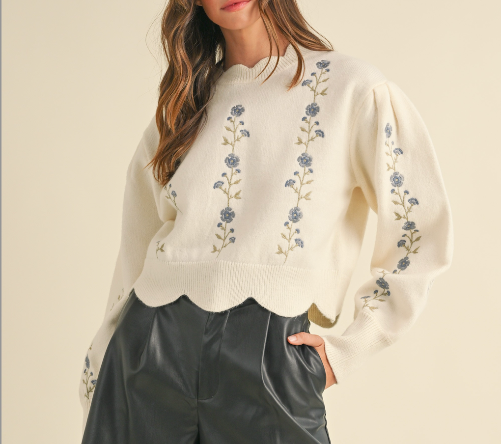 Floral Embroidered Scallop Detail Knit Top