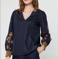 Floral Contrast Embroidered Long Sleeve Blouse