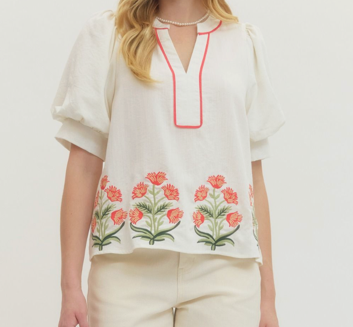 Floral embroidered Short Puff Sleeve Top