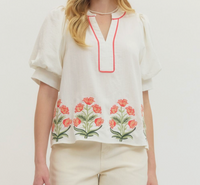 Floral embroidered Short Puff Sleeve Top