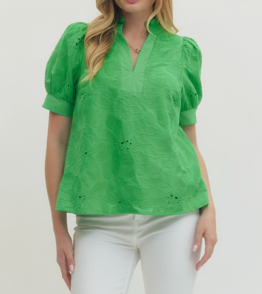 Floral Embroidered Short Puff Sleeve-Green