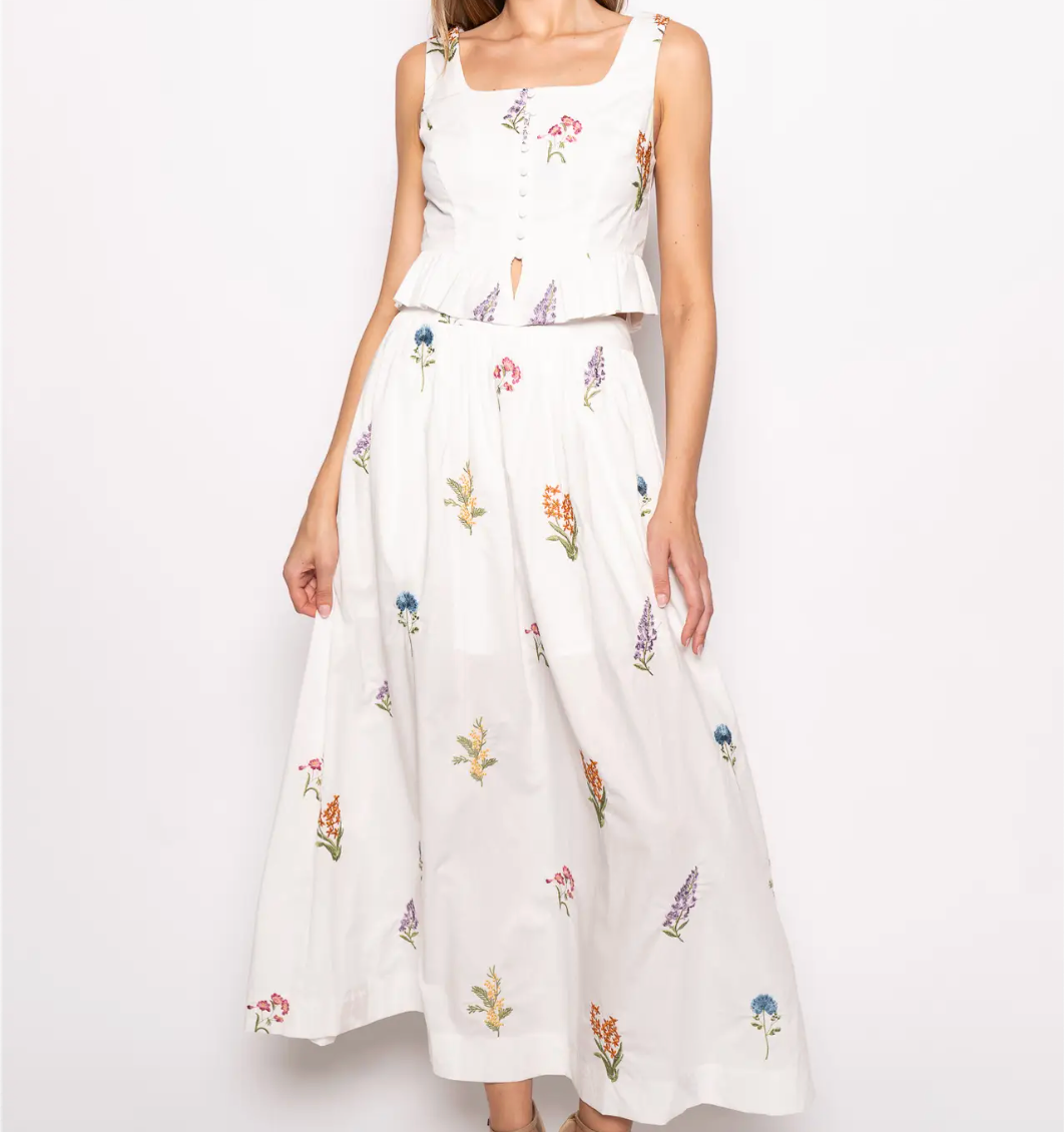 Floral Front Button Ruffle Crop Top with Matching Maxi Skirt-Set