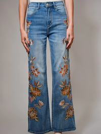 Flower Embroidery High Waist Flare Jean