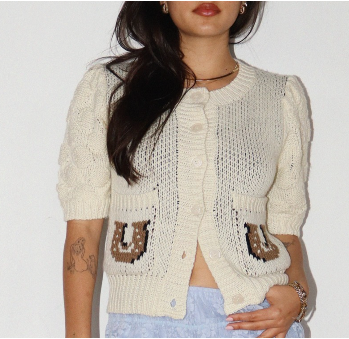 Horse Knit Cardigan With Puff Sleeves