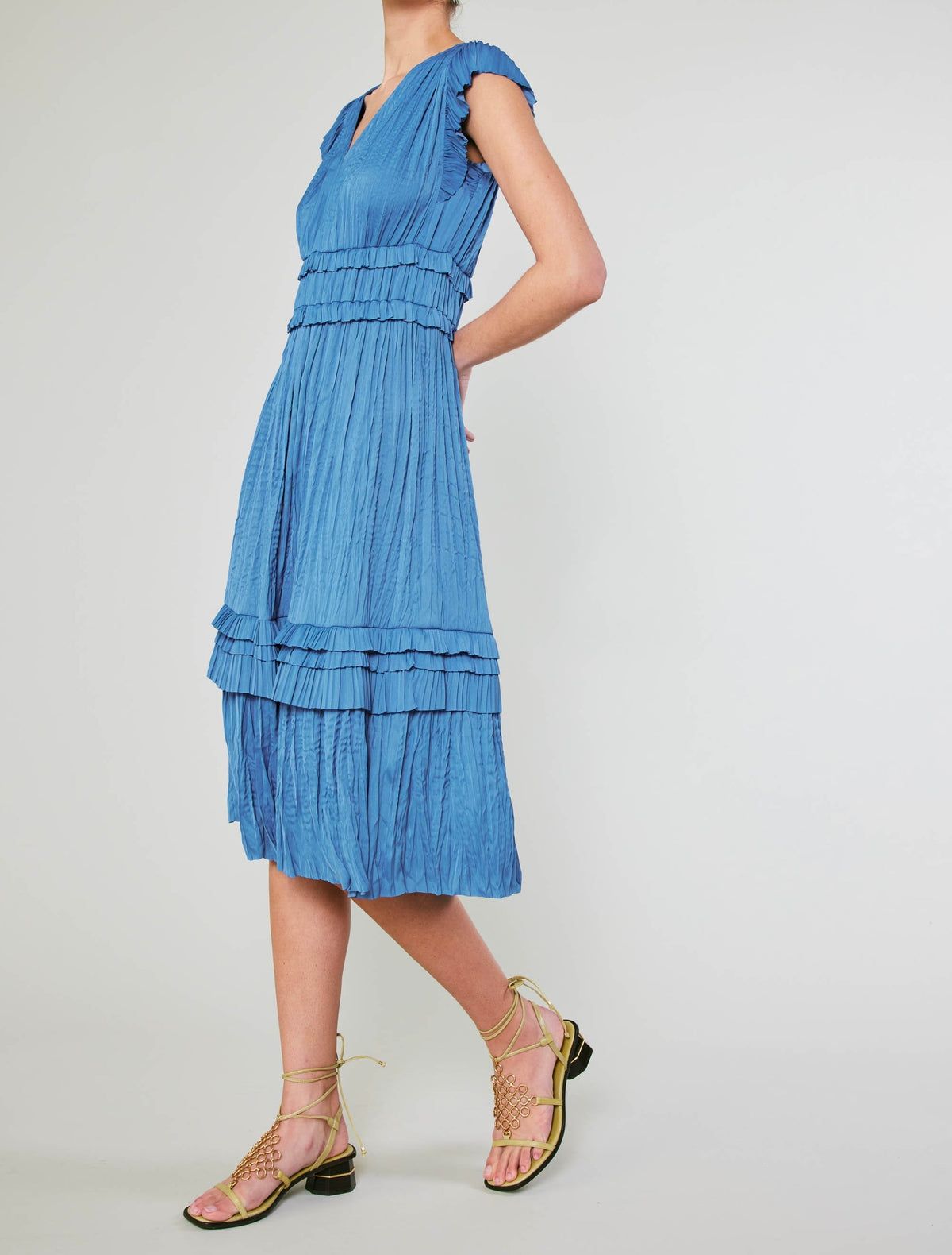 Current Air - V Neck Short Sleeve Pleated Ruffle Long Dress - Faded Blue