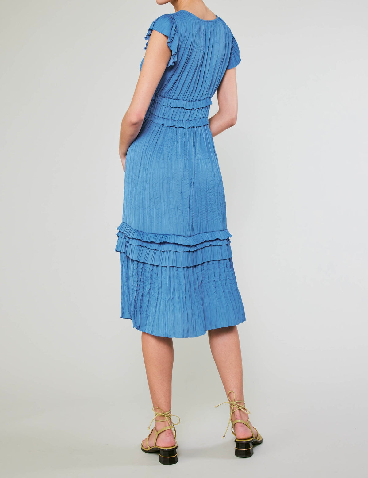 Current Air - V Neck Short Sleeve Pleated Ruffle Long Dress - Faded Blue