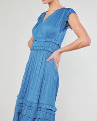 Current Air - V Neck Short Sleeve Pleated Ruffle Long Dress - Faded Blue