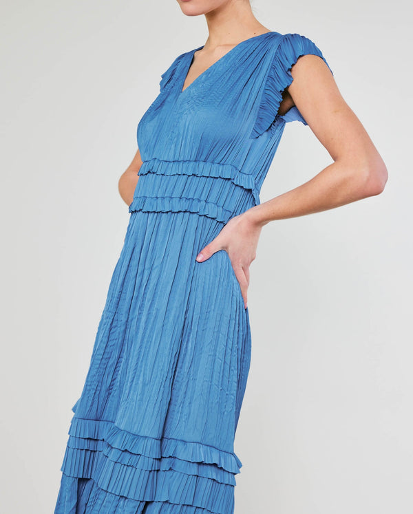 Current Air - V Neck Short Sleeve Pleated Ruffle Long Dress - Faded Blue