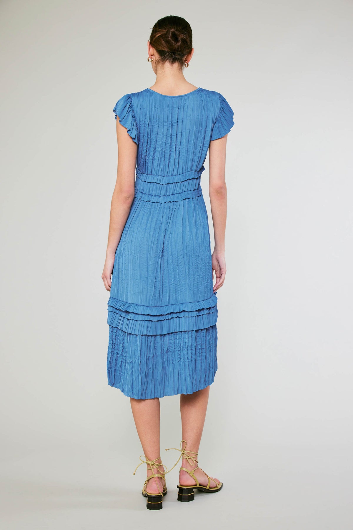 Current Air - V Neck Short Sleeve Pleated Ruffle Long Dress - Faded Blue