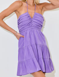 Ruched V Neck Multi Tiered Halter Mini Dress Purple