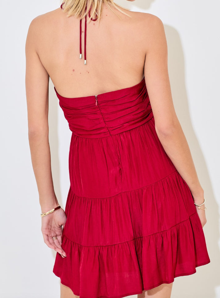 Ruched V Neck Multi Tiered Halter Mini Dress Crimson