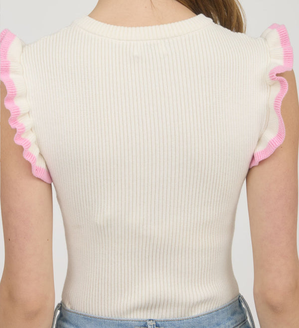 Contrast Ruffle Sleeve Knit Top Cream