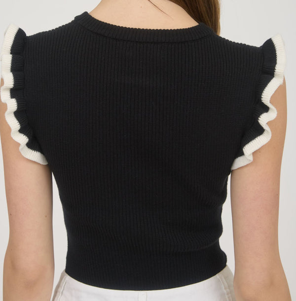 Contrast Ruffle Sleeve Knit Top Black