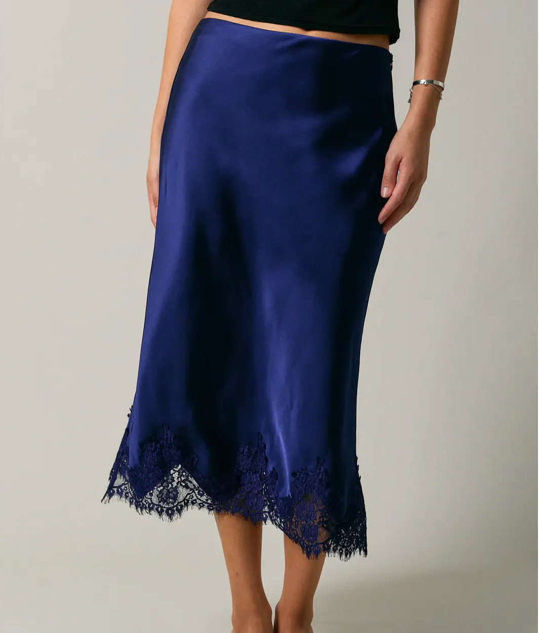 Lace Trim Bias Cut Midi Skirt
