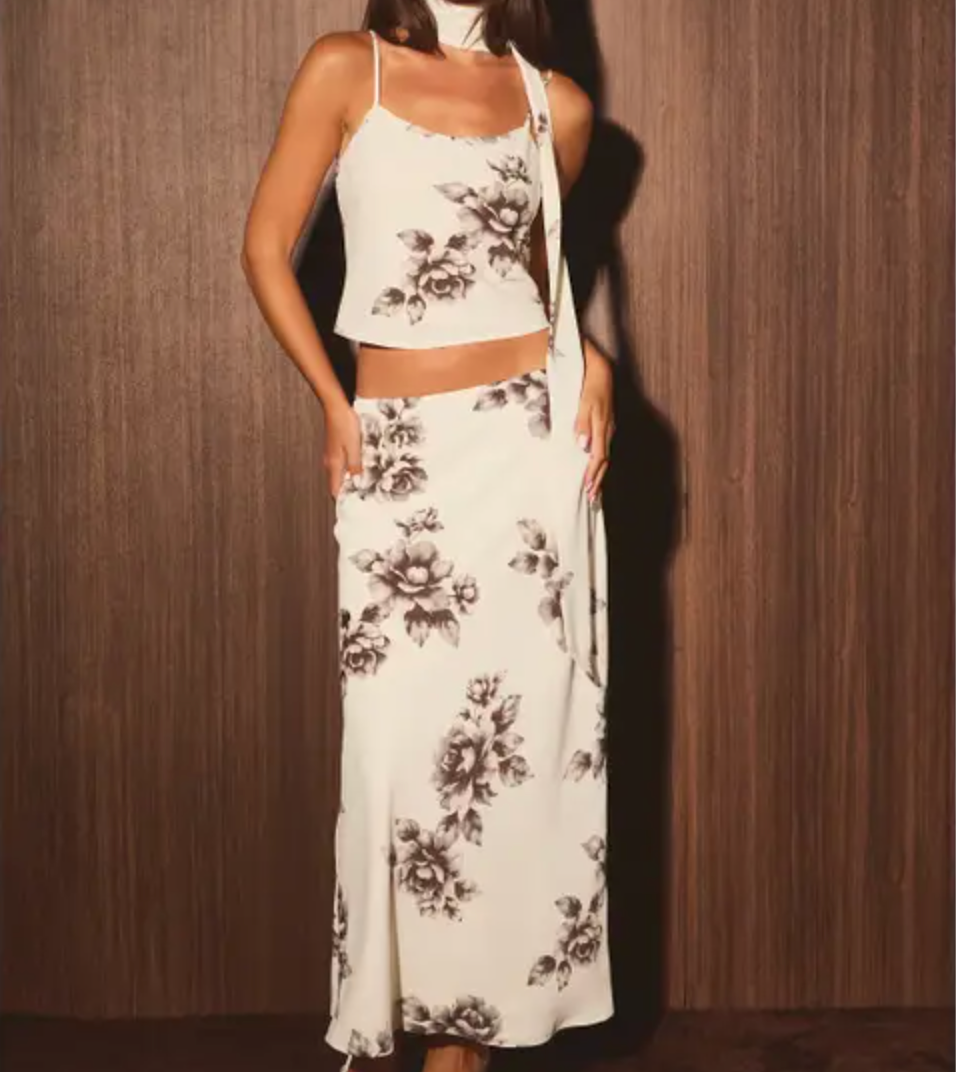 High Waisted Bias Floral Midi Skirt