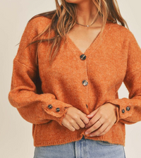 Long Puff Sleeve V Neck Cardigan-Rust