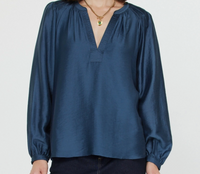 Long Sleeve Split Neck Blouse-Navy