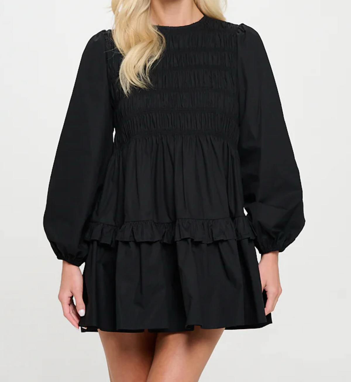 Poplin Long Sleeve Smocked Dress
