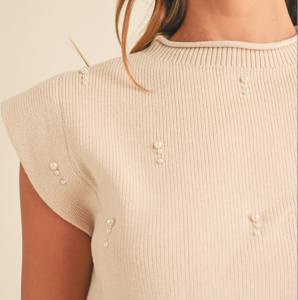 Mock Neck Pearl Embellished Sweater Knit Top